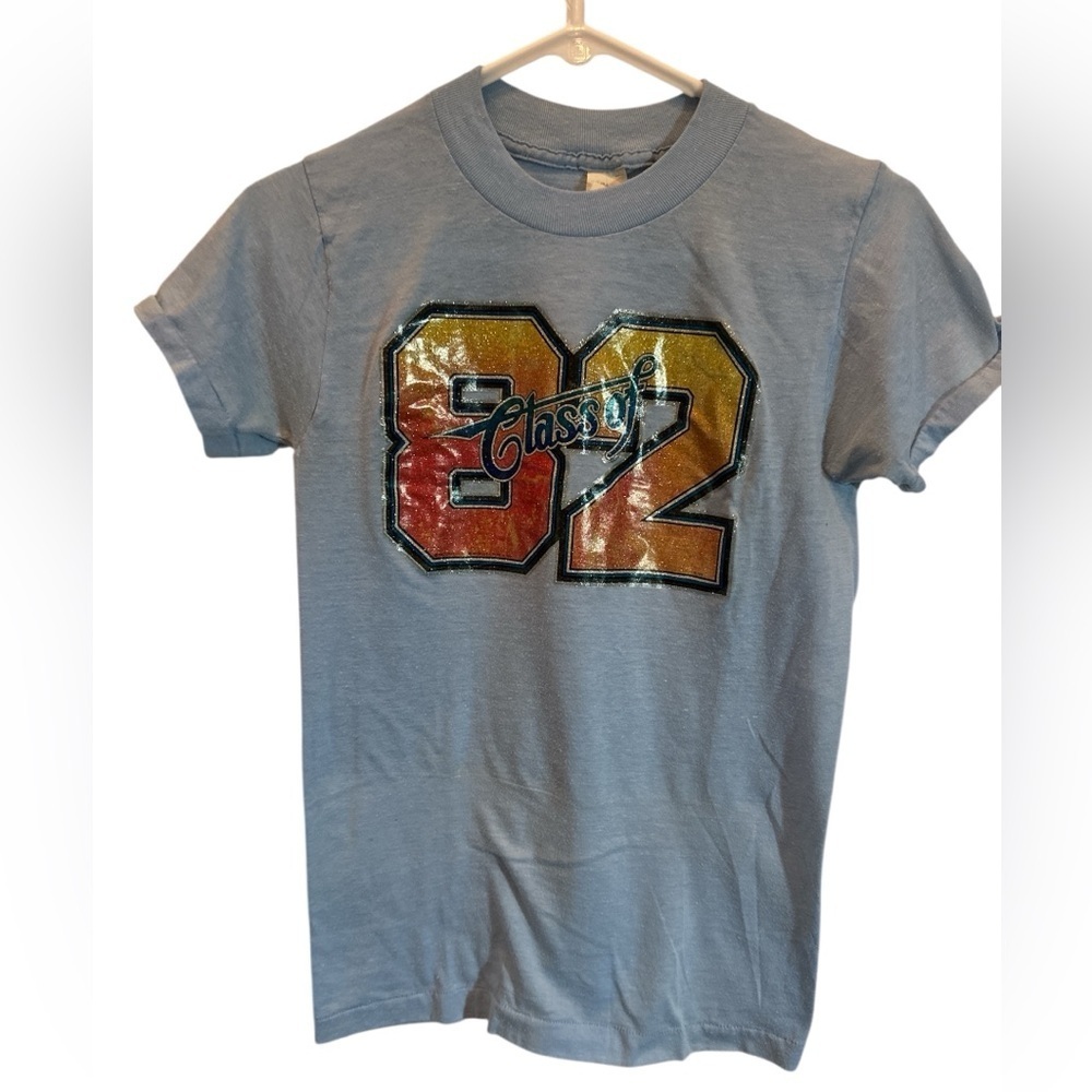 Vtg Class of 1982 Slim Fit T-shirt Glitter Heat Press Logo Sz Small Unisex